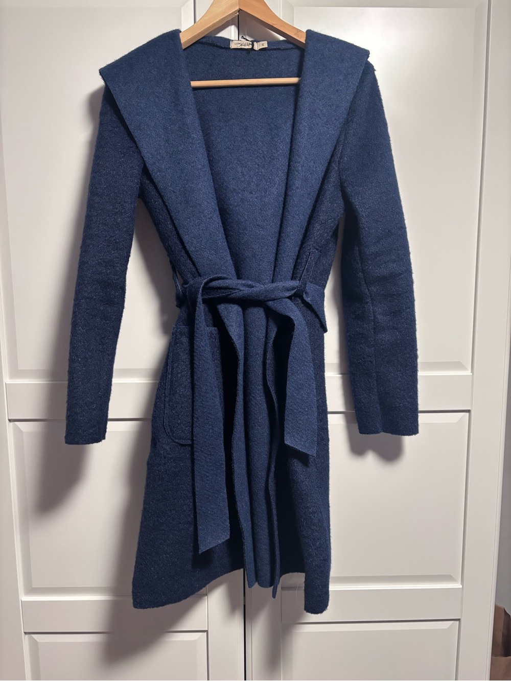 Hooded Belted Knit Cardigan in Navy